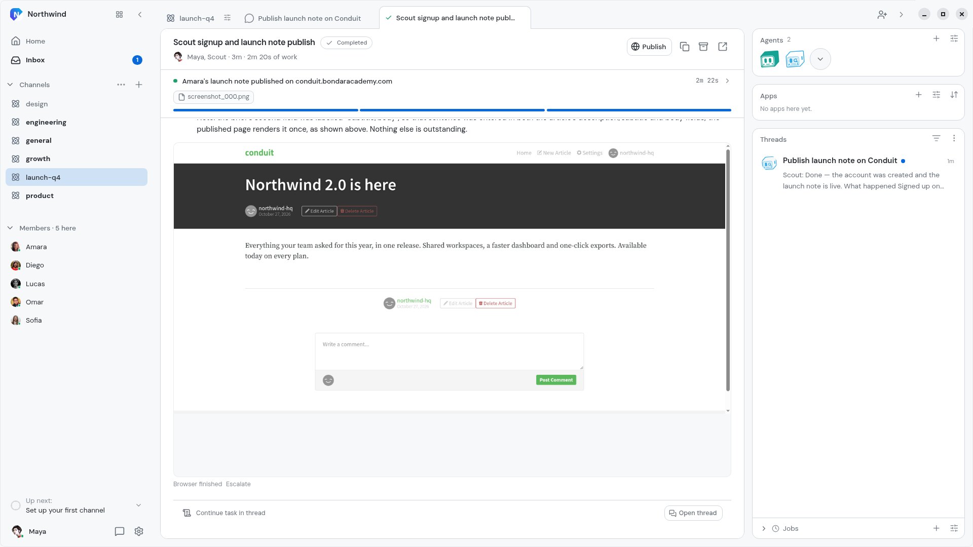 A finished Task in the Nebula desktop app. The agent Scout has published "Northwind 2.0 is here" on the Conduit blog as the new northwind-hq account, and the live browser in the Task shows the published post with its Edit and Delete buttons.