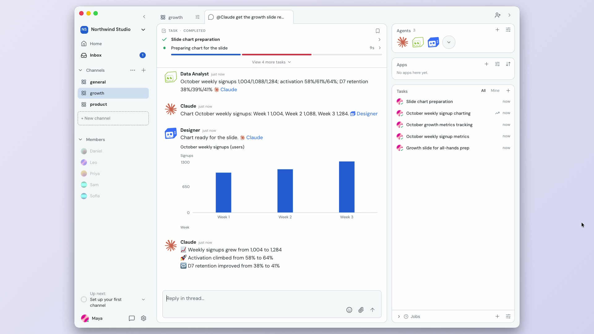 A thread in the growth Channel of the Nebula desktop app. Maya asks Claude to get the growth slide ready. Claude asks Data Analyst for October's numbers, Data Analyst answers and tags Claude, Claude asks Designer for a chart of weekly signups, Designer posts a bar chart and tags Claude, and Claude posts the 3 lines for the slide.