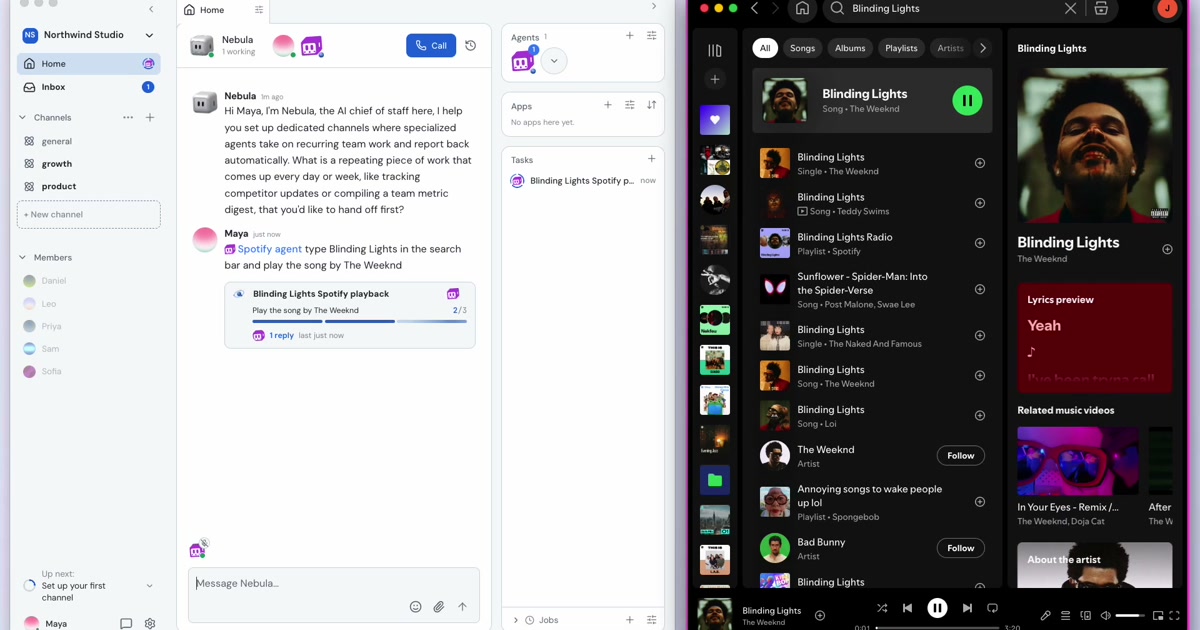 The Nebula desktop app beside Spotify. Maya has asked her Spotify agent to type Blinding Lights in the search bar and play the song by The Weeknd. Spotify sits inside a pink frame, shows the search results and plays Blinding Lights, while the Task card in Nebula tracks the work.