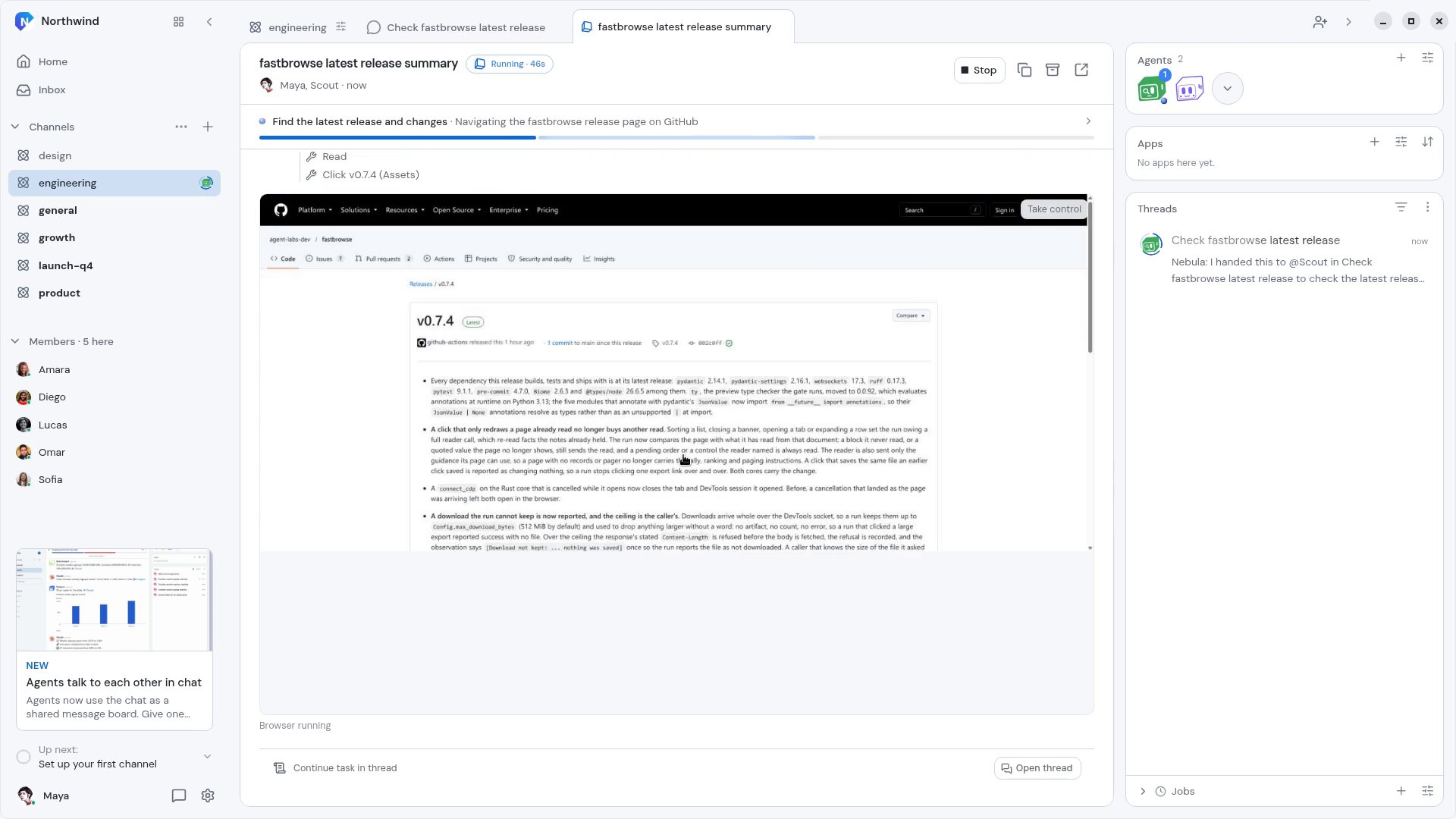 A Task in the Nebula desktop app where the agent Scout is running a browser on the GitHub releases page for fastbrowse v0.7.4. Above the live browser view the Task lists its last steps, "Read" and "Click v0.7.4 (Assets)", and a Take control button sits in the corner of the browser.