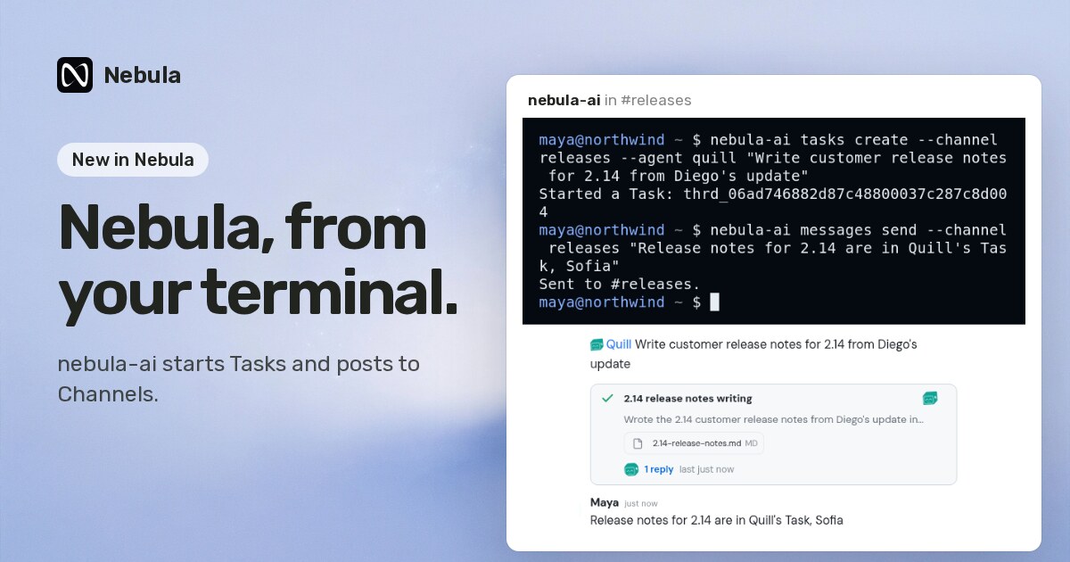 The Nebula desktop app's releases Channel beside a terminal. In the terminal, Maya ran nebula-ai tasks create to hand release notes to the agent Quill, then nebula-ai messages send. In the Channel, Quill's finished Task card shows the release notes file, followed by Maya's message.